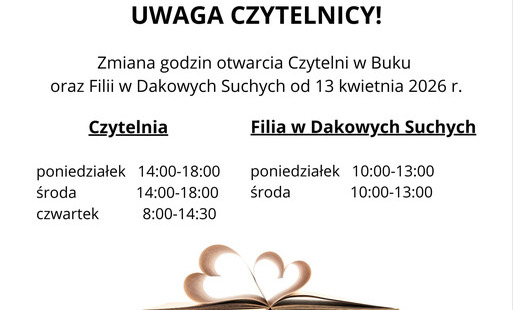 Zdjęcie do Zmiana godzin otwarcia Czytelni i Filii w Dakowych Suchych