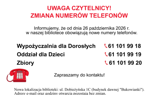 Zdjęcie do Zmiana numer&oacute;w telefon&oacute;w Biblioteki Publicznej w Buku